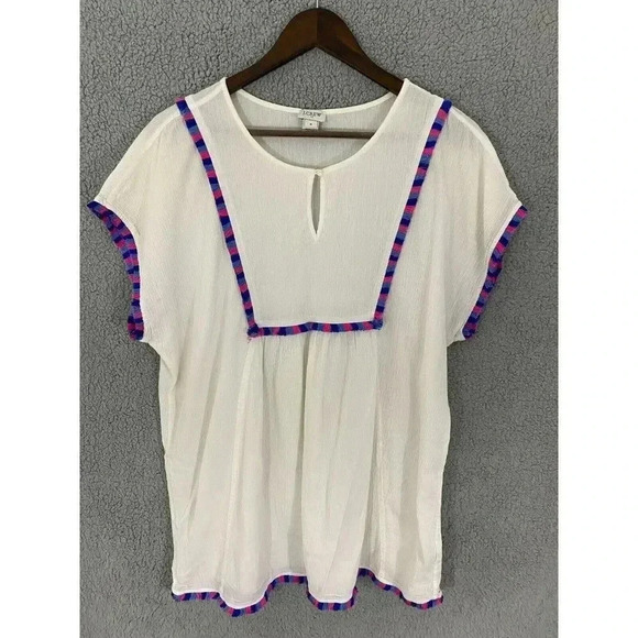 J. Crew adult tunic medium white short sleeve fringe keyhole boho womens‎ - Picture 1 of 7